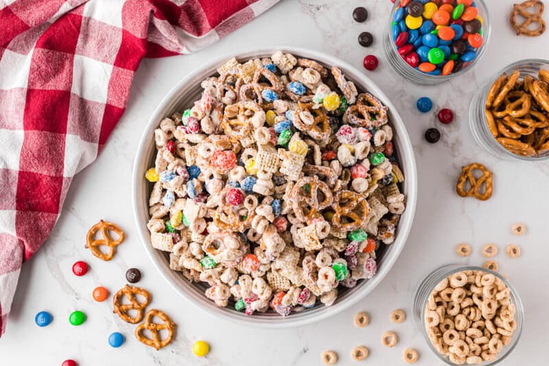 top-down view of the White Trash snack in a white serving bowl.