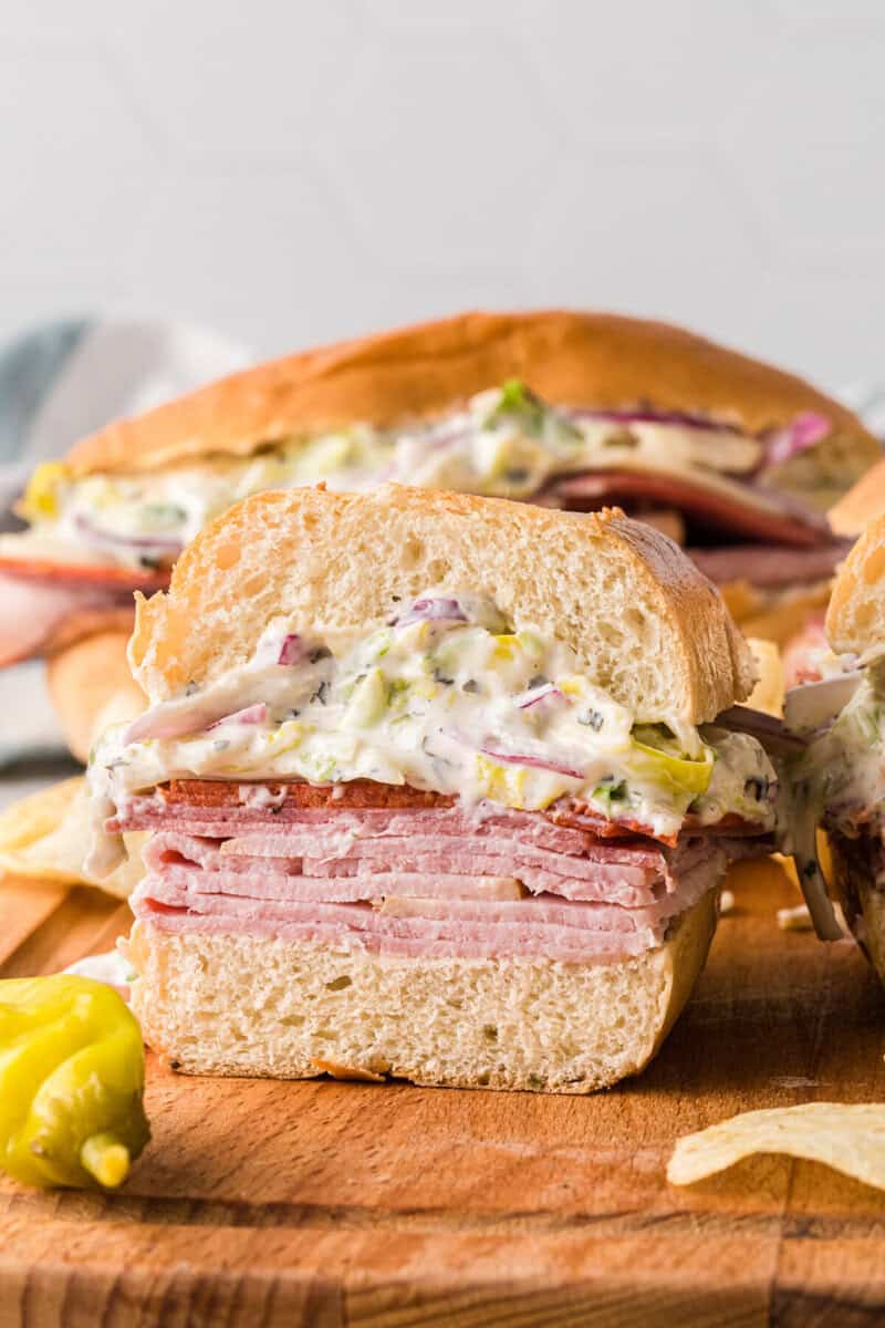 grinder sandwich cut in half.