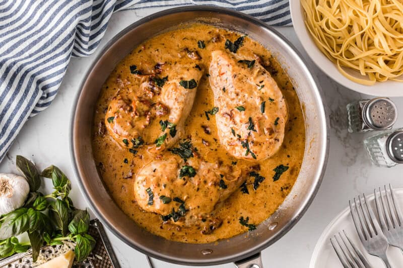 top-down view of the Marry Me Chicken in the pan.