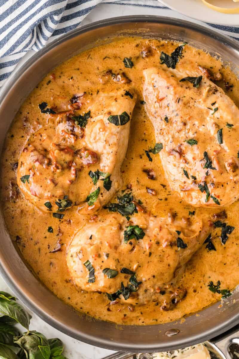 closeup of the Marry Me Chicken in the pan.