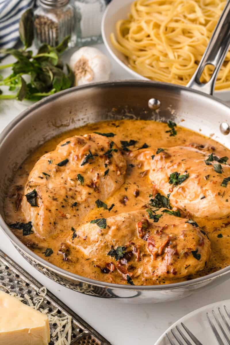 closeup of the Marry Me Chicken in the pan.