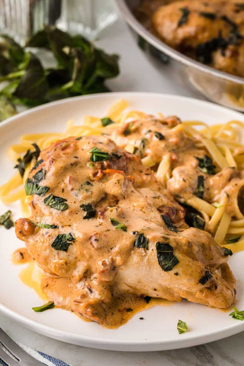 the Marry Me Chicken served on a white plate with fettuccini. 