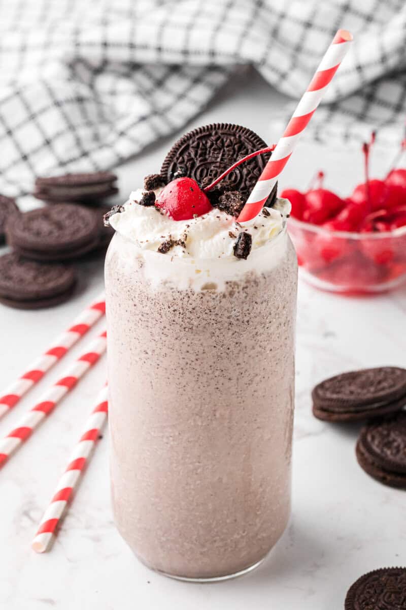 closeup of the Oreo Milkshake in a glass.