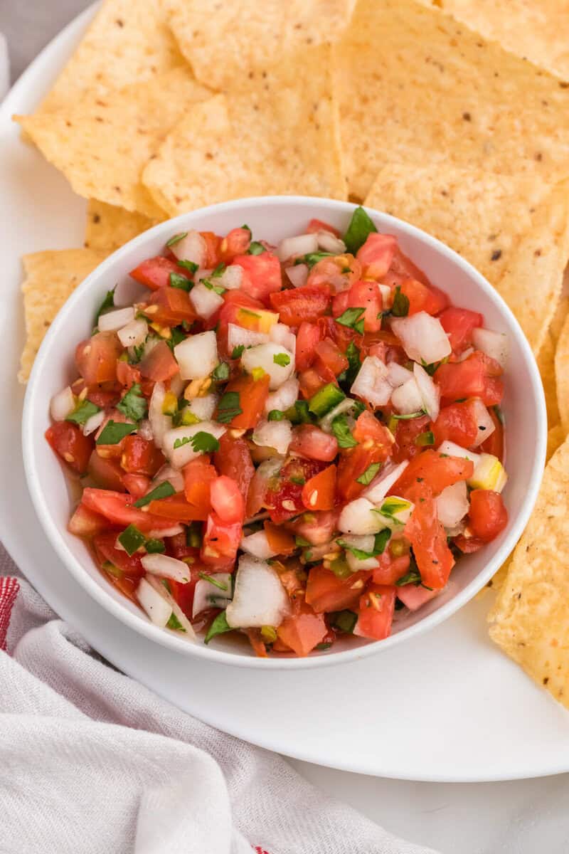 closeup of a white bowl of the Pico de Gallo.