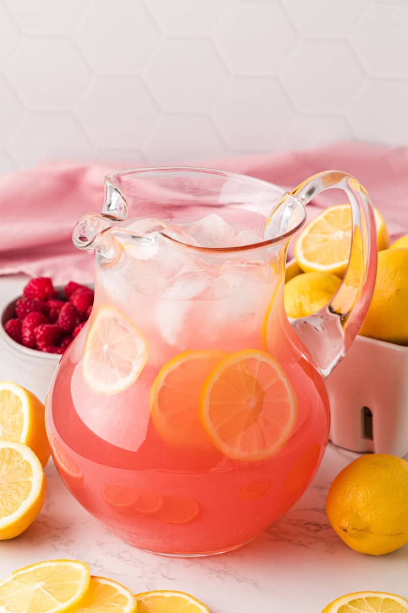 closeup of the Pink Lemonade in a pitcher.