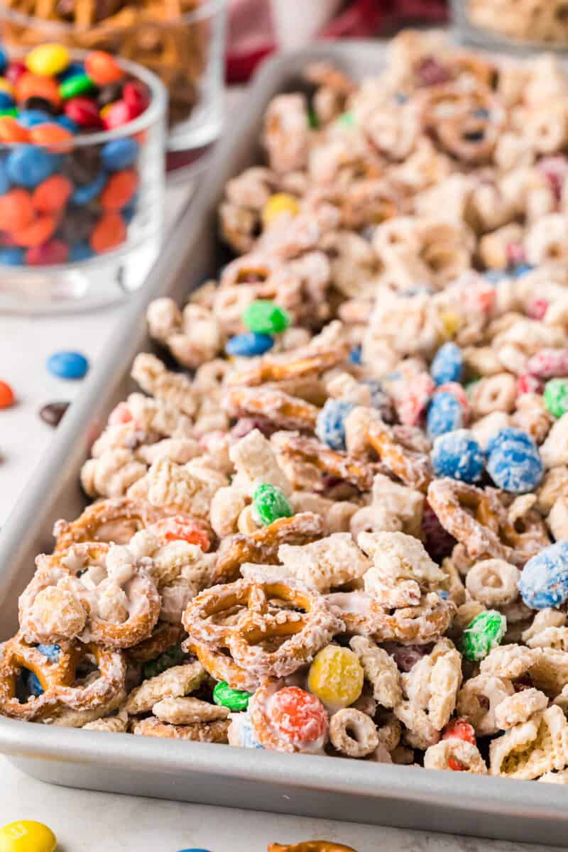 closeup of the White Trash snack on the baking sheet.