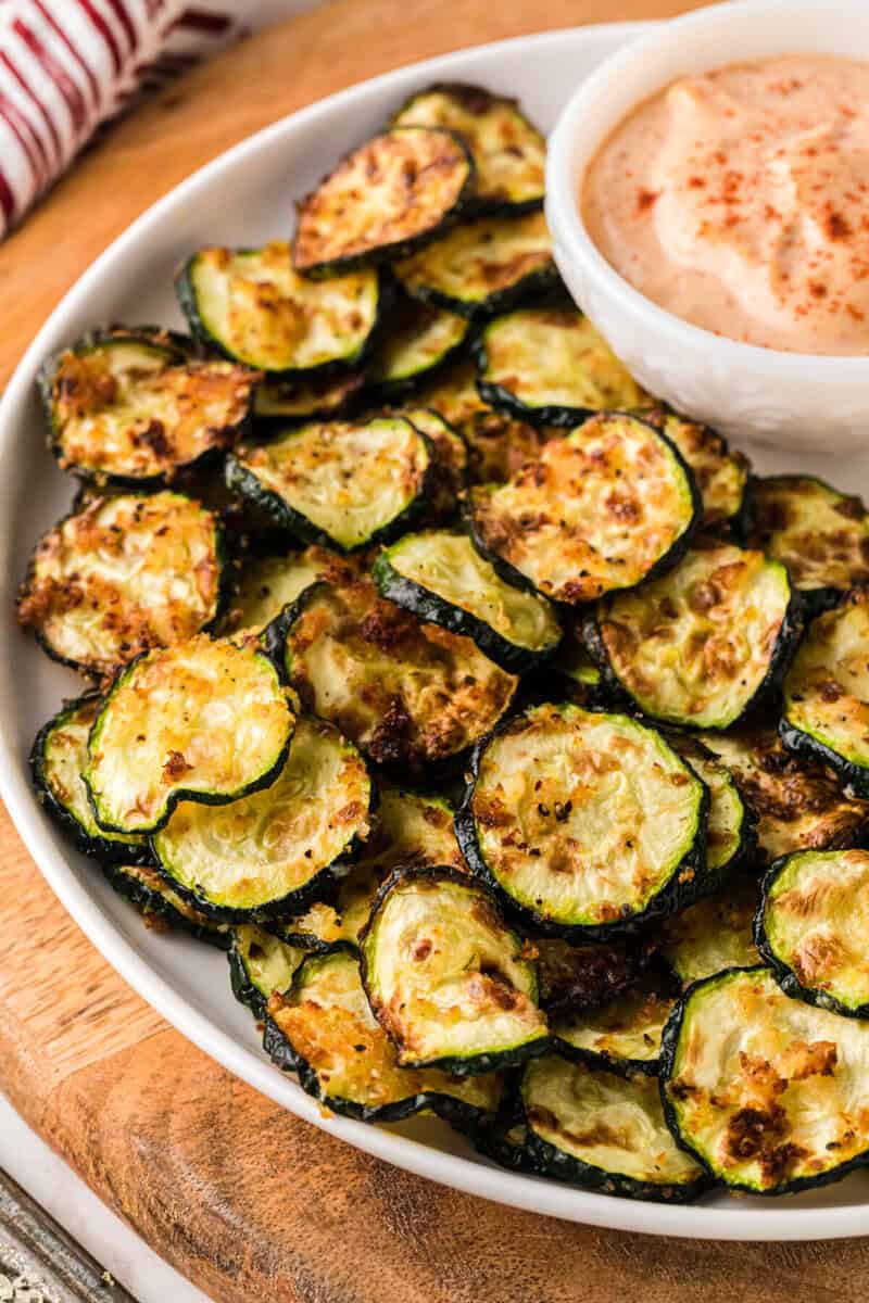 closeup of the Air Fryer Zucchini on a white plate.