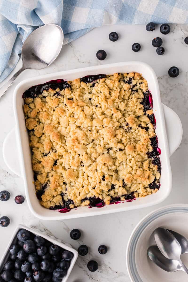 finished blueberry cobbler in baking dish.