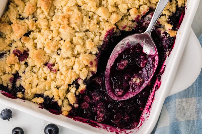 top-down view of the Blueberry Cobbler in the baking dish.