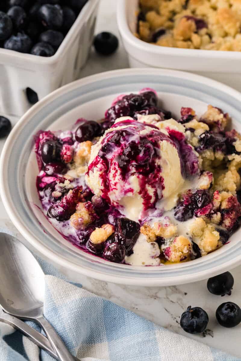 bowl of blueberry cobbler topped with ice cream.