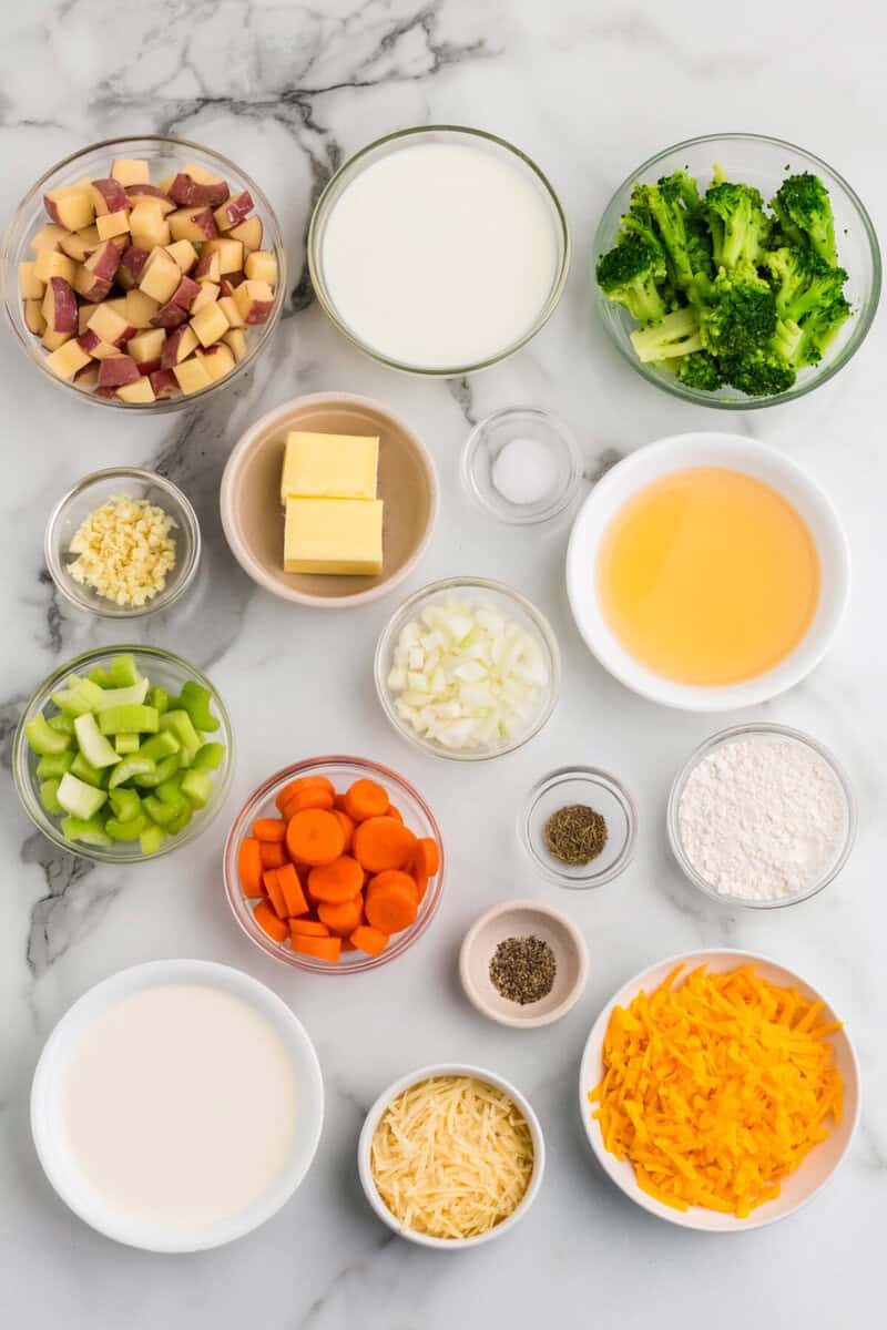 ingredients for the Broccoli Potato Cheese Soup.