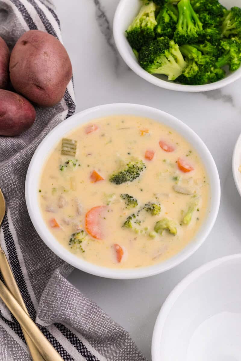 closeup of a bowl of the Broccoli Potato Cheese Soup.
