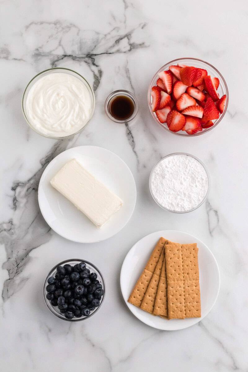 ingredients for the Patriotic Cheesecake Dip.