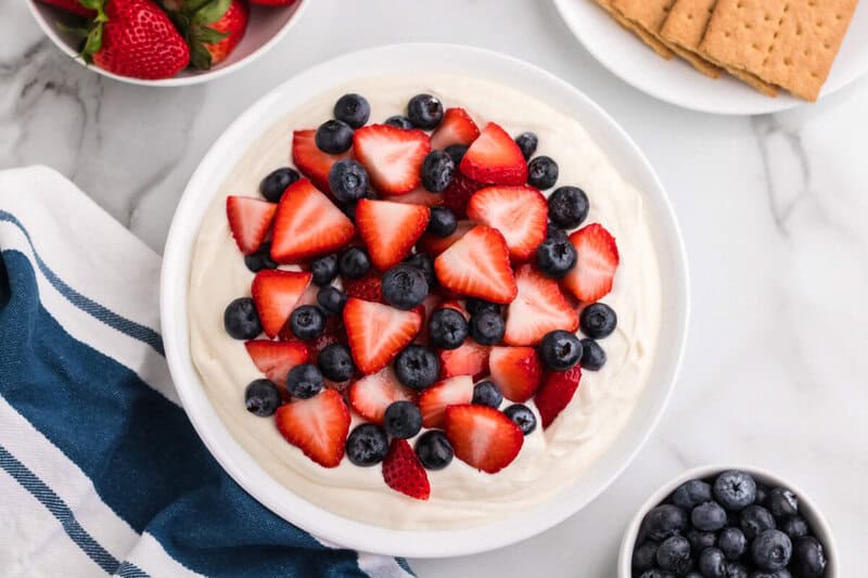 top-down view of a bowl of the Patriotic Cheesecake Dip.