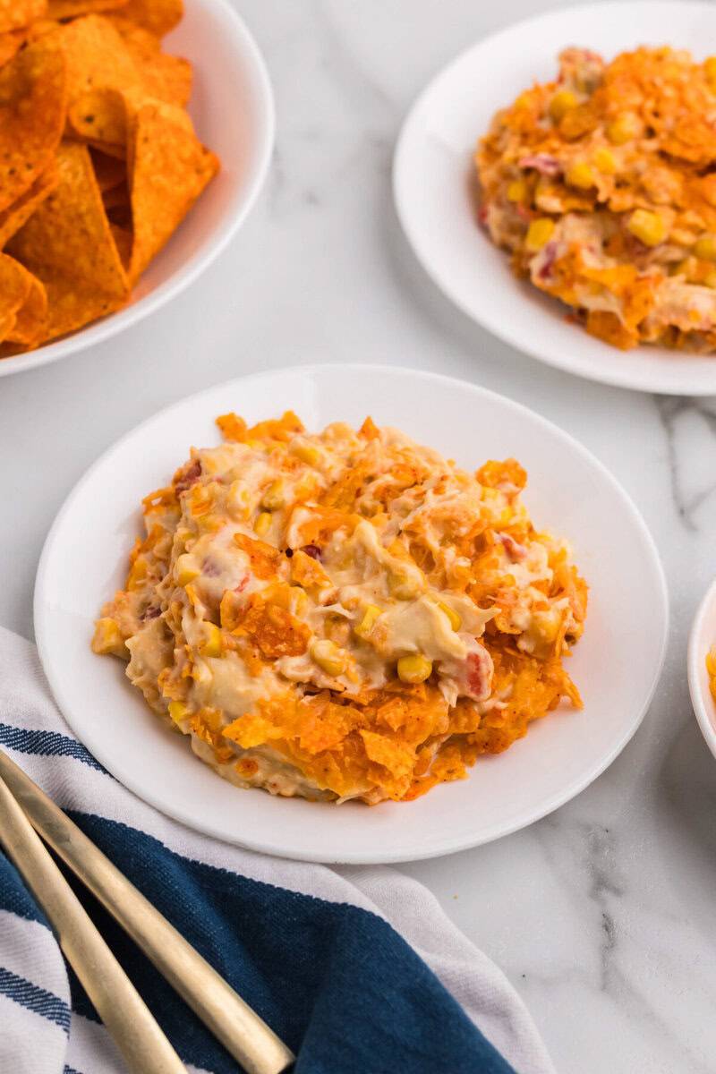 The Dorito Chicken Casserole served on a white plate.