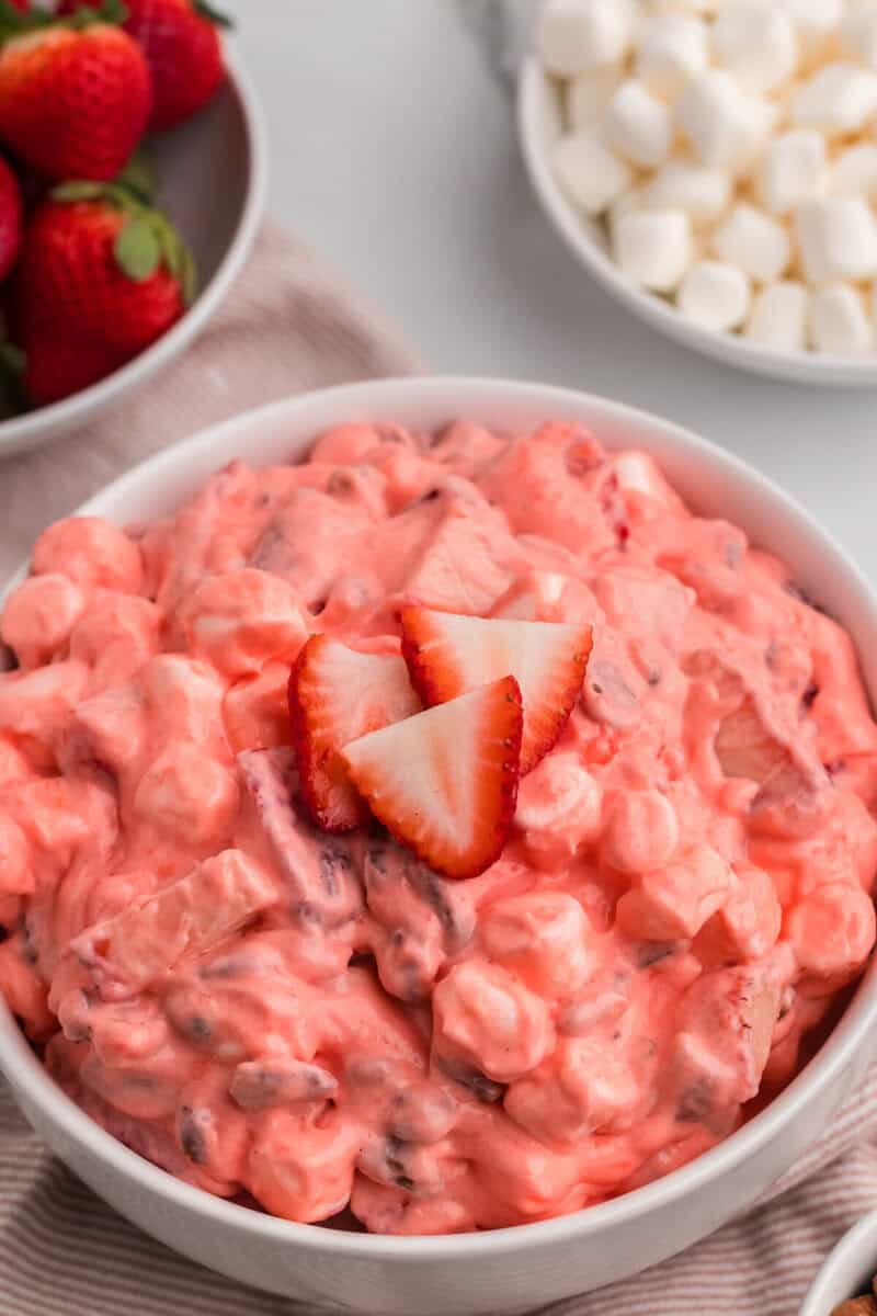 closeup of the Strawberry Fluff served in a white bowl.
