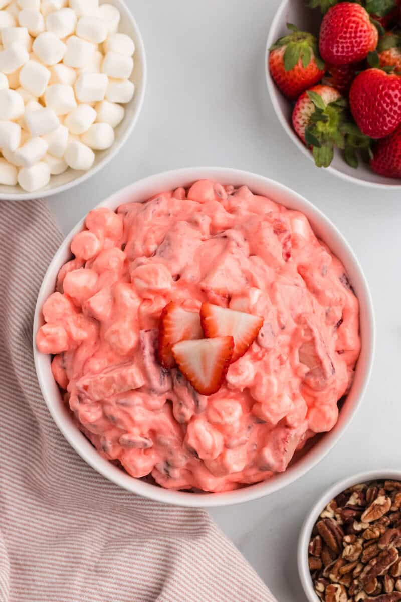 top-down view of the Strawberry Fluff in a white bowl.