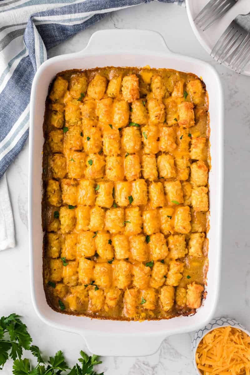 baked tater Tot Casserole in the casserole dish.