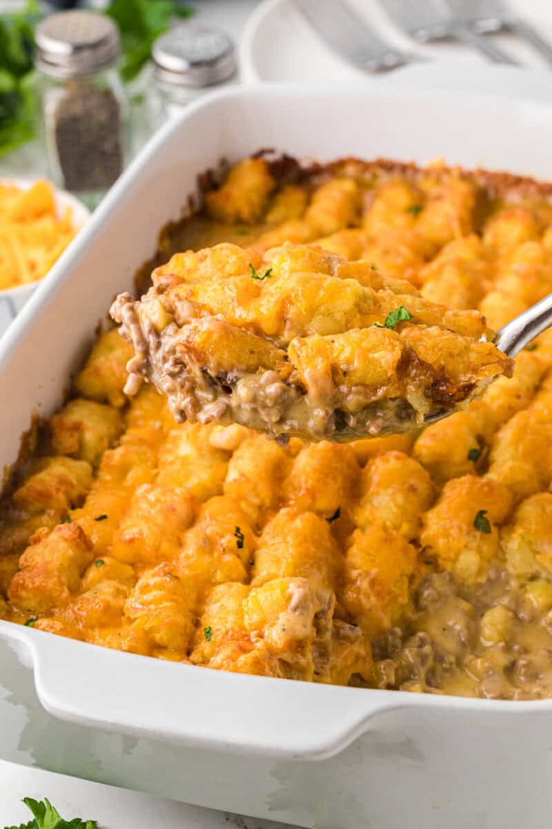 serving the tater Tot Casserole out of the casserole dish.