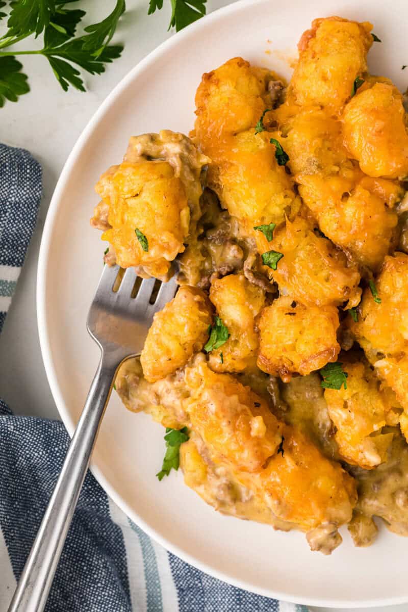 closeup of the Tater Tot Casserole served on a white plate.