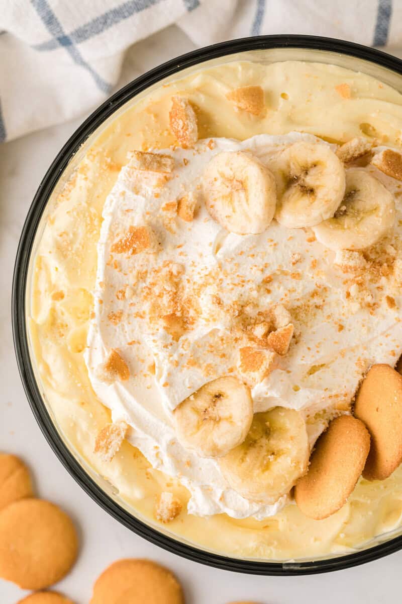 top-down view of Banana Pudding in the trifle dish.