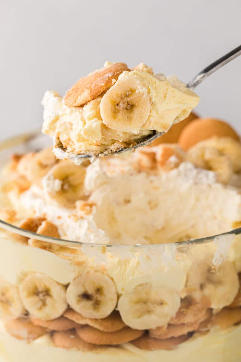 serving the Banana Pudding with a metal spoon.