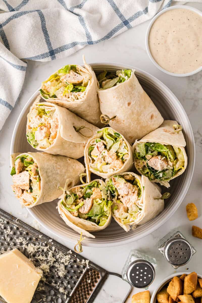 serving bowl filled with the Chicken Ceasar Wraps.