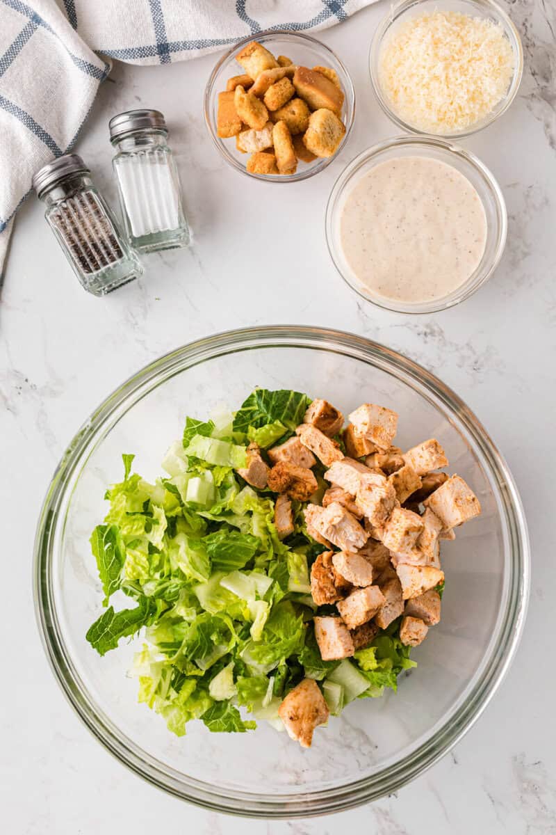 lettuce and chicken in a bowl to be mixed.
