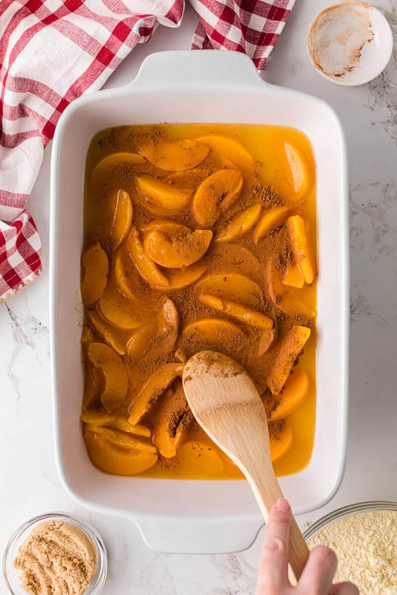 adding cinnamon to the top of the peaches in the baking dish.
