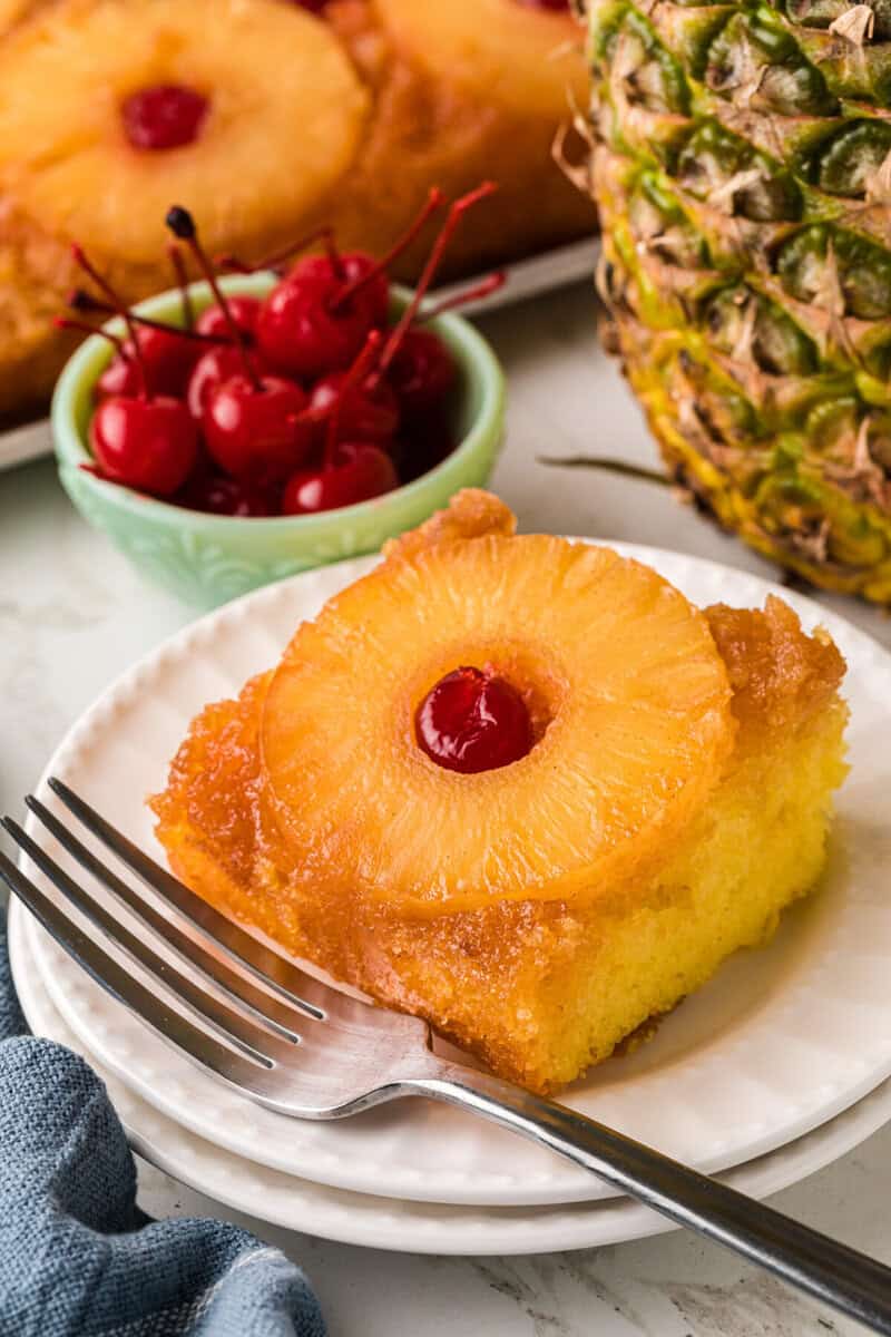 slice of the Pineapple Upside Down Cake served on a white plate.