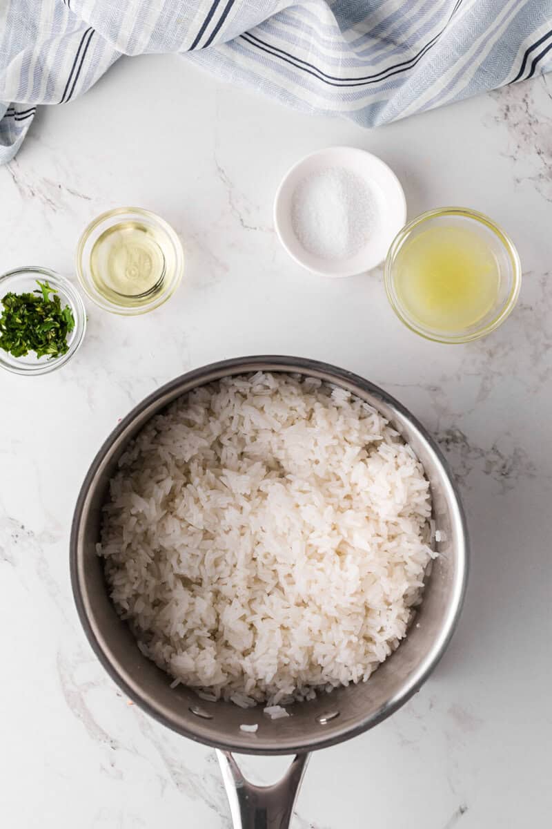 top-down view of the Cilantro Lime Rice in a pan.