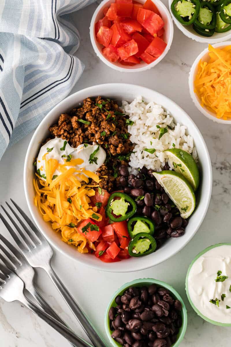 top-down view of a finished taco bowl.
