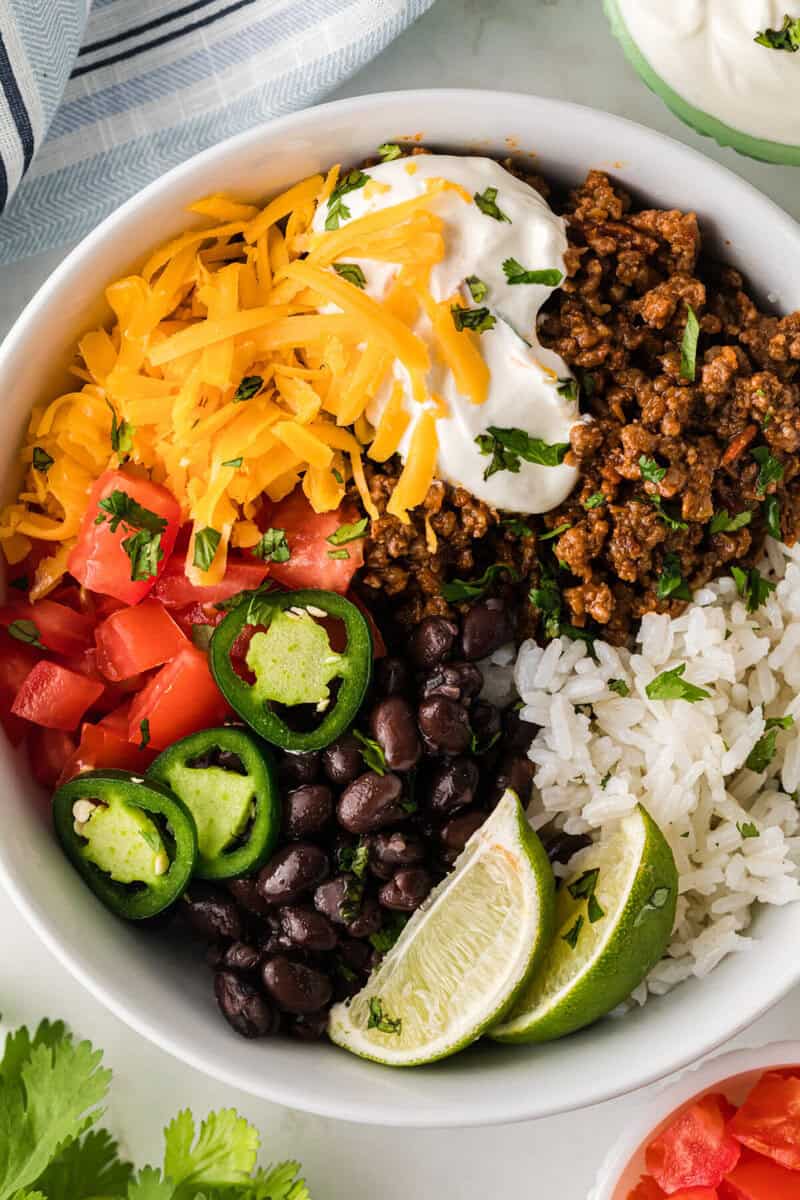 taco bowl served in a white bowl.