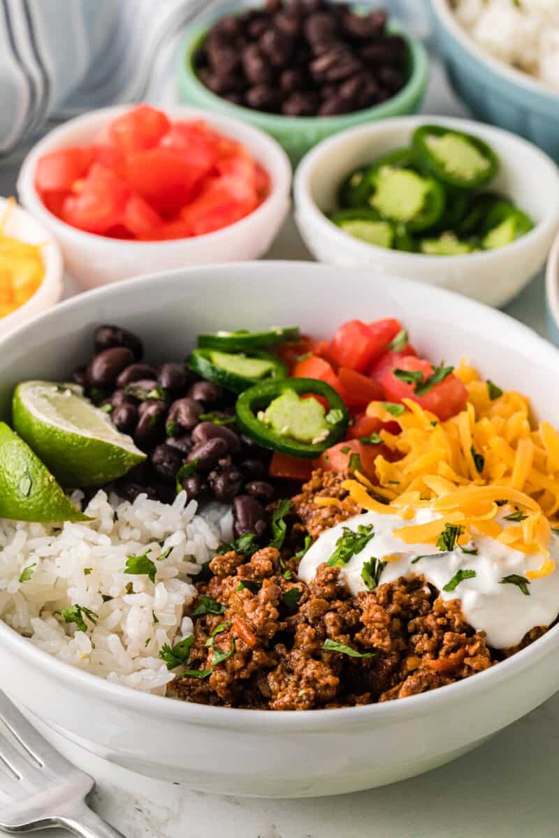 closeup of a finished taco bowl.