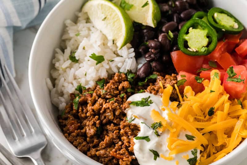 closeup of a finished taco bowl.
