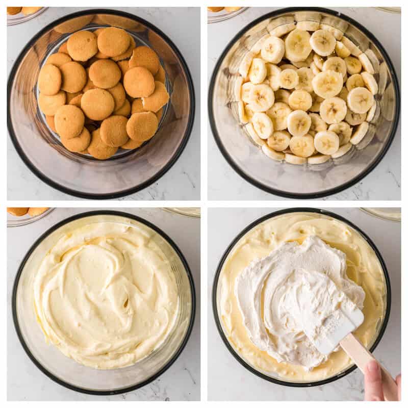 layering the Banana Pudding in the trifle dish.