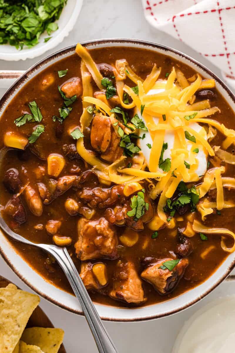 closeup view of the Chicken Taco Soup in a bowl.
