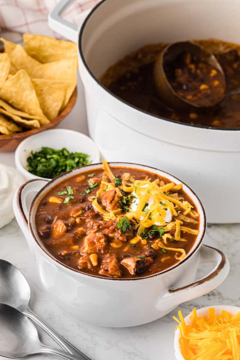 Chicken Taco Soup served in a white bowl.