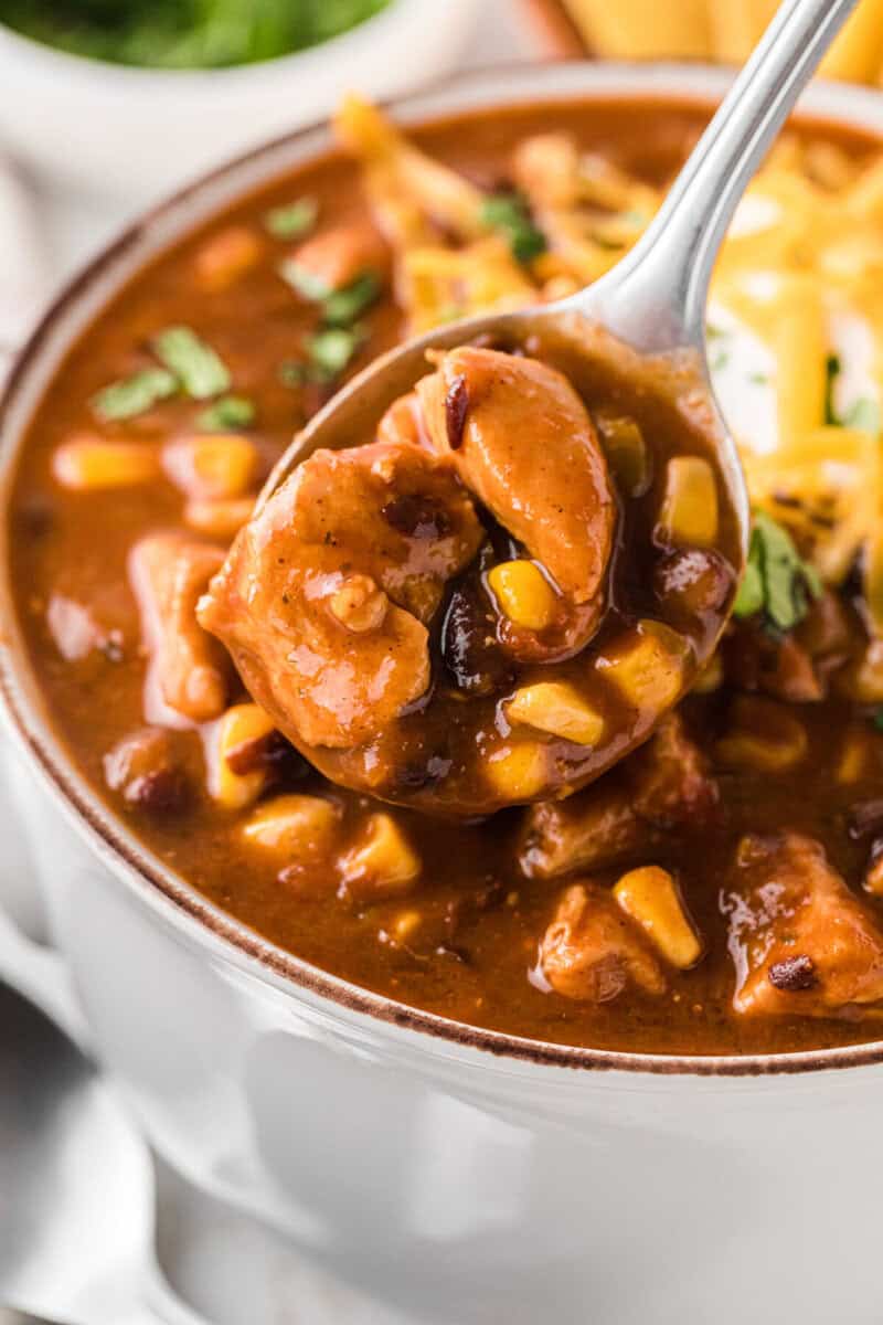 closeup of the Chicken Taco Soup on a spoon.