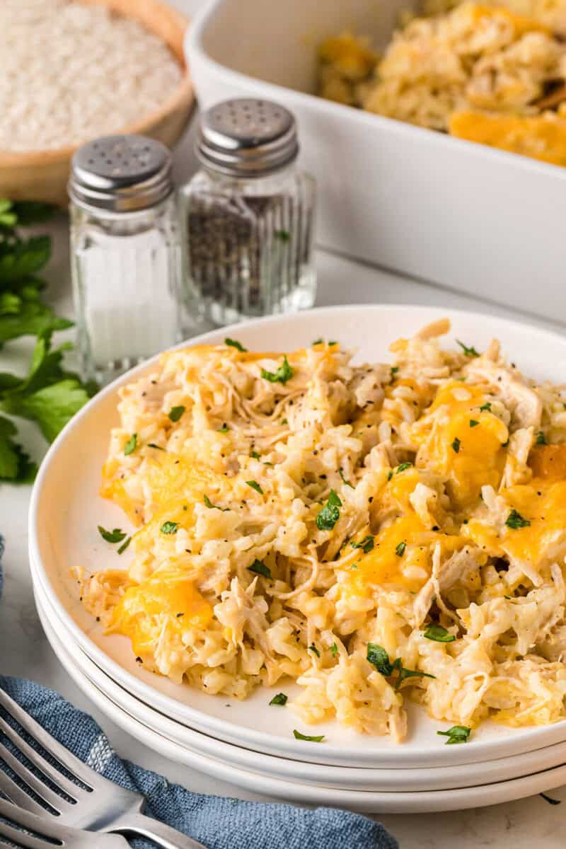 serving of the chicken and rice casserole on a white plate.
