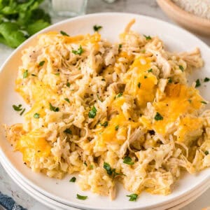 chicken and rice casserole on a white plate