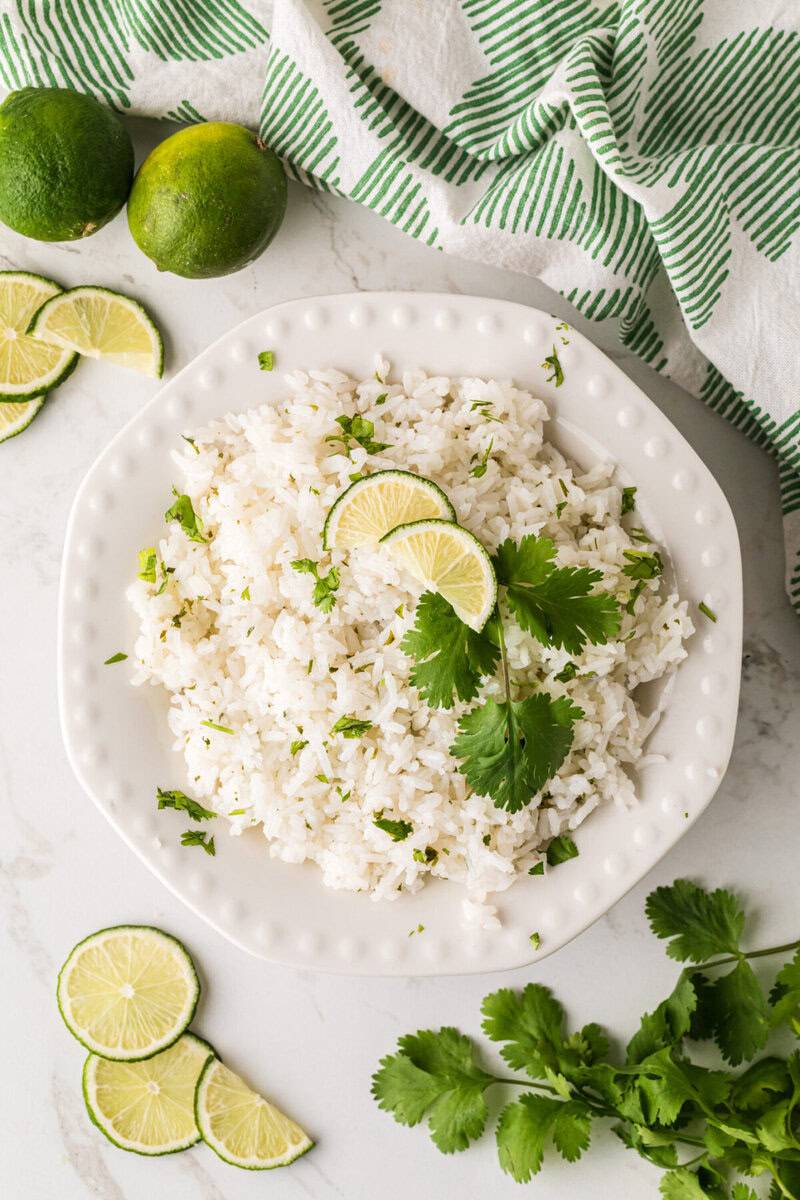 top-down view of the Cilantro Lime Rice served on a white plate.
