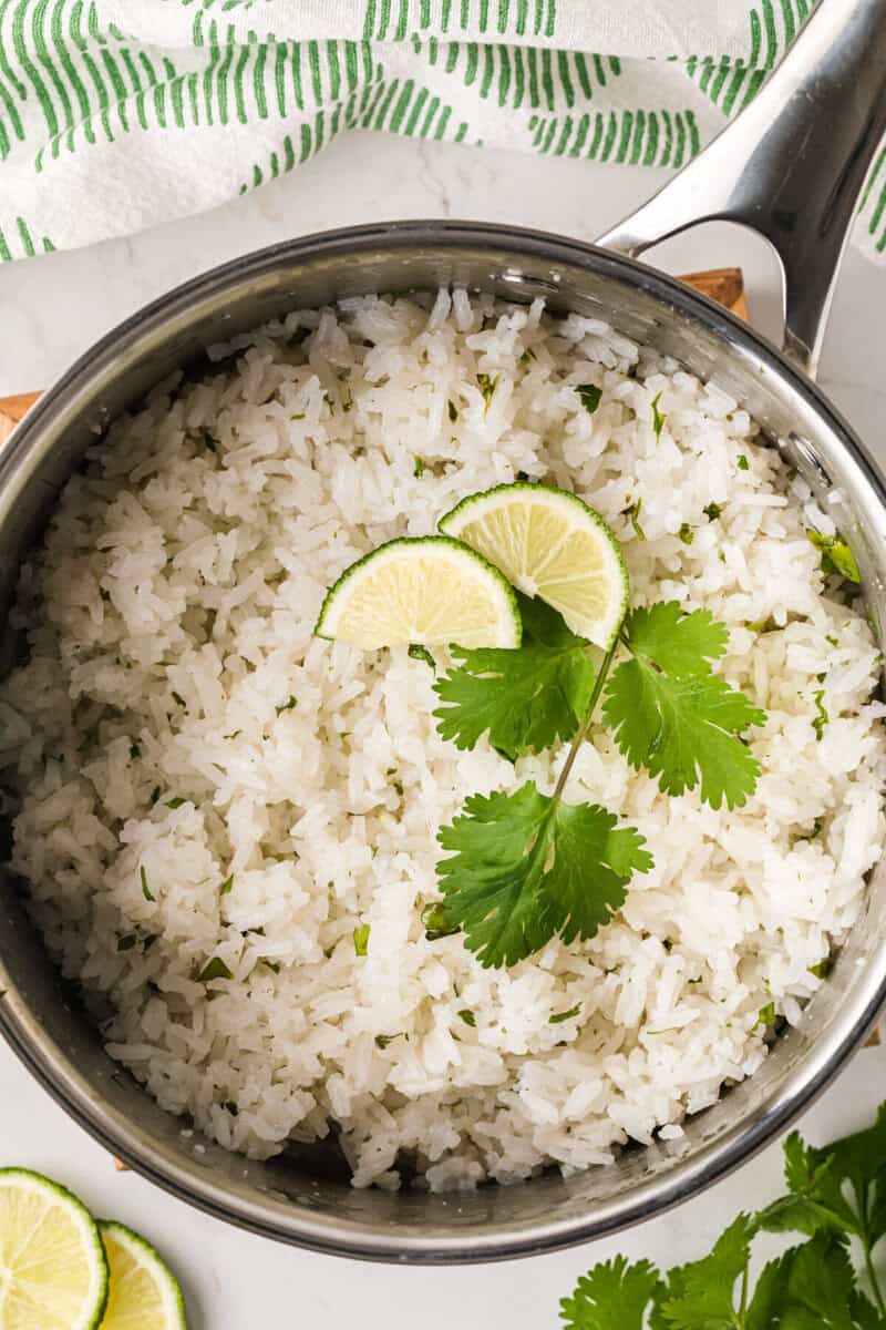 closeup of the Cilantro Lime Rice in the pan.