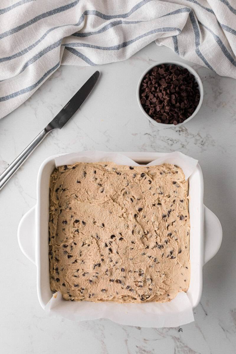 cookie dough in a baking dish for chilling.