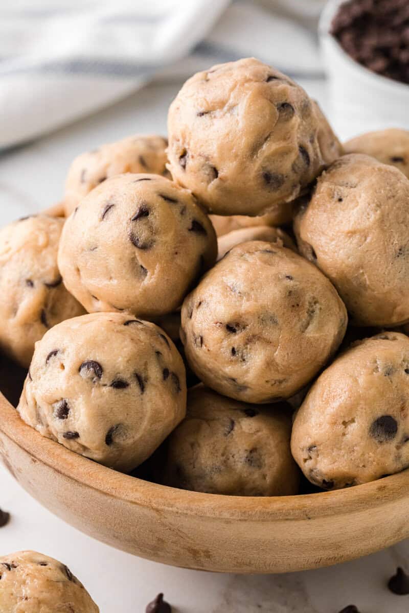Cookie Dough Bites served in a wooden bowl.