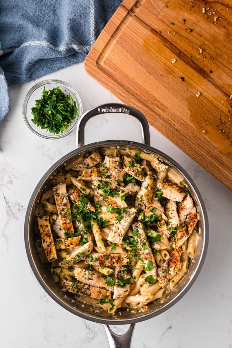top-down view of the Garlic Parmesan Chicken Pasta in the skillet.