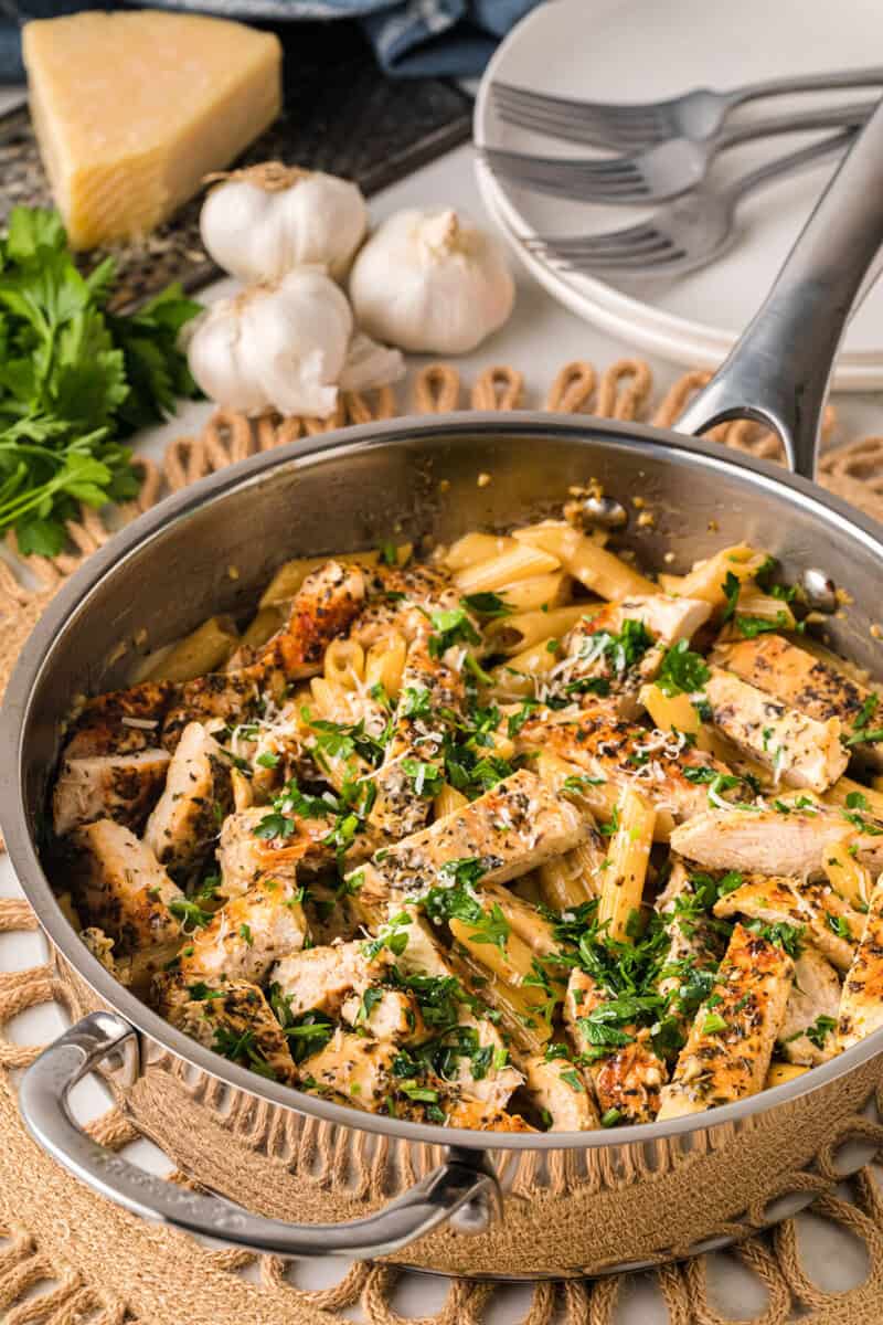 Garlic Parmesan Chicken Pasta in the skillet.