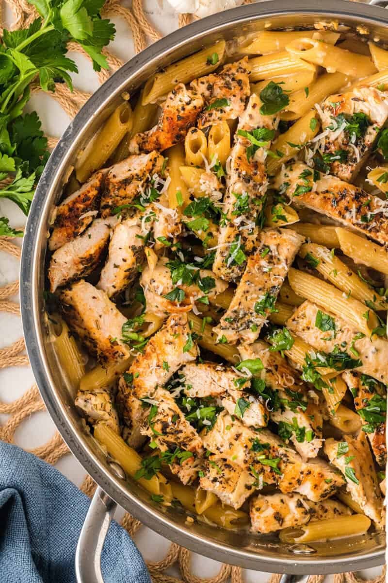 top-down view of the Garlic Parmesan Chicken Pasta.