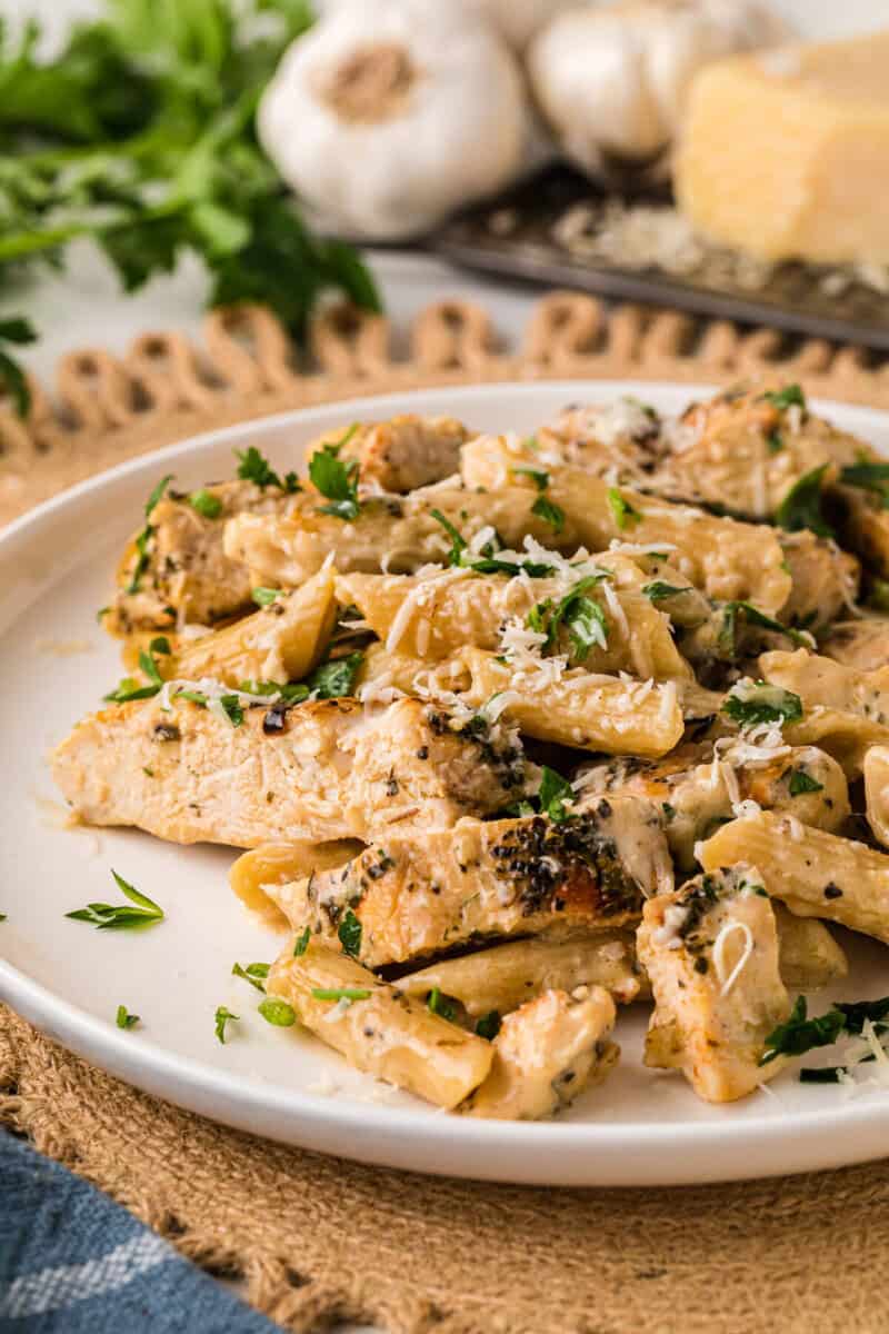 Garlic Parmesan Chicken Parmesan served on a white plate.