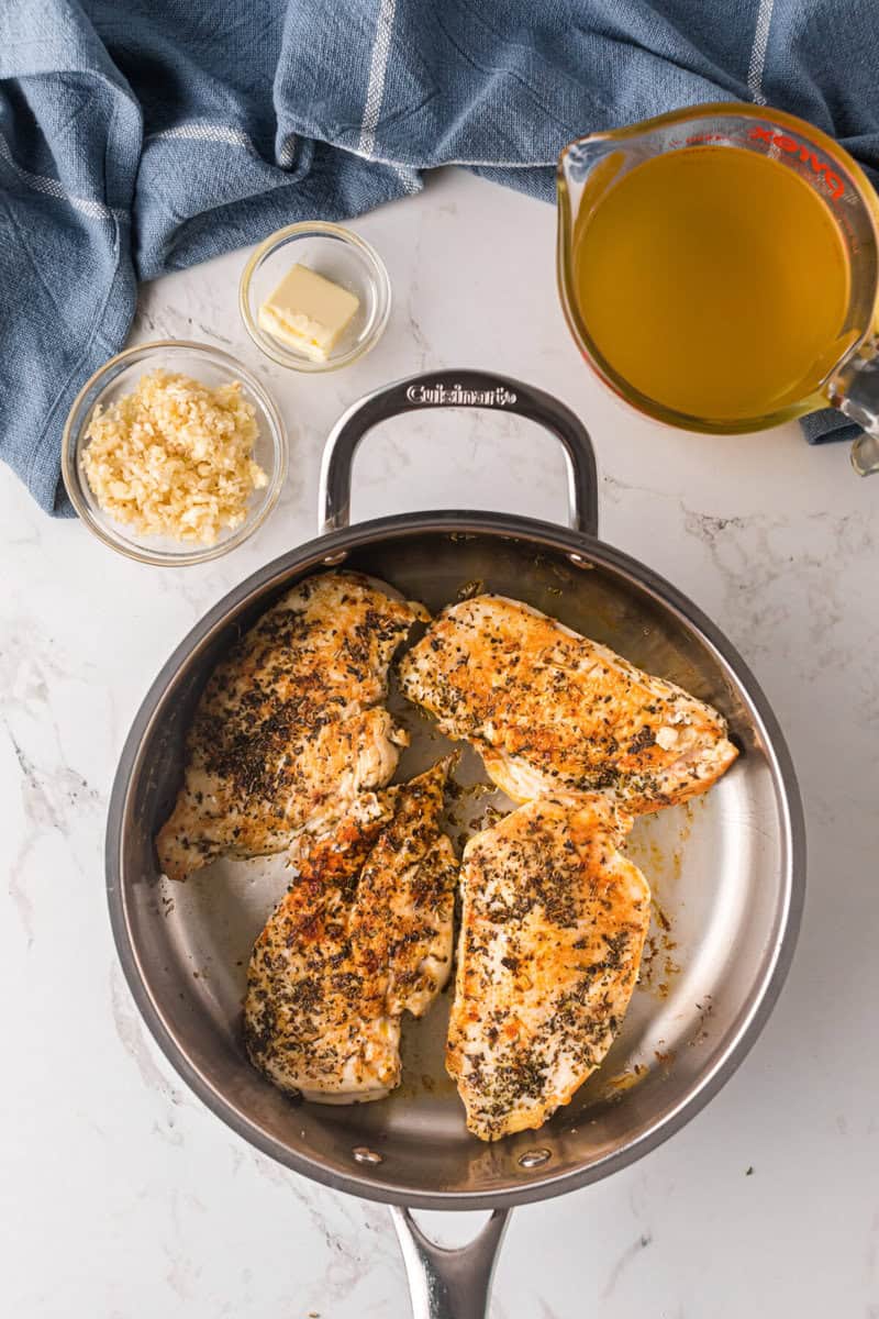chicken breasts cooked in a skillet.